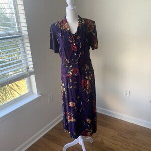 Vintage Purple Floral Sheath Dress Women's Size 6 Petite 6P MAXI BOHO 2 Piece